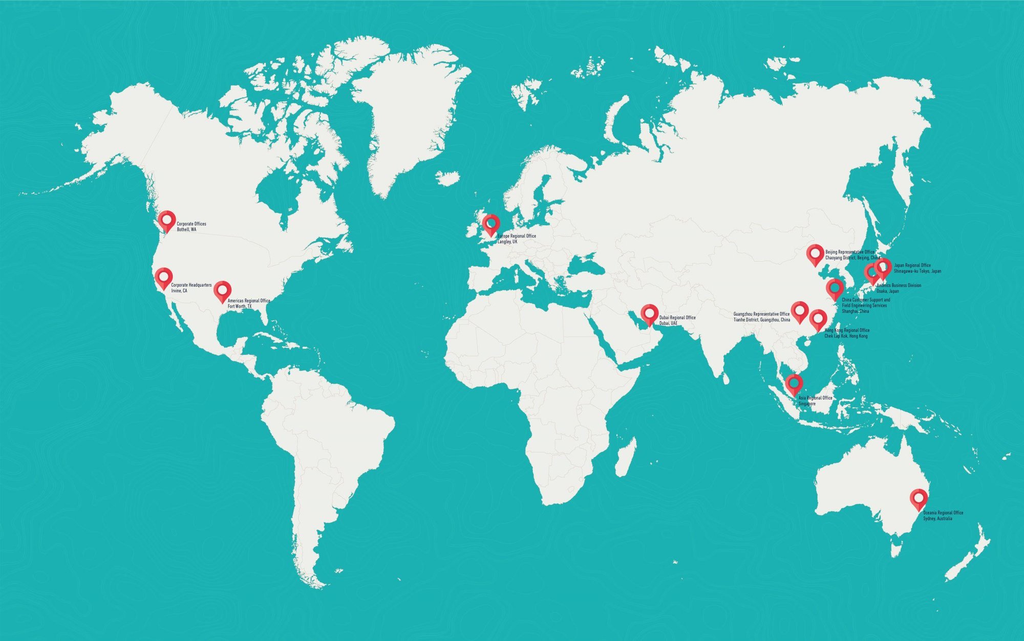 World map with locations of corporate and regional offices marked by red pointers in North America, Europe, Asia, and Australia.