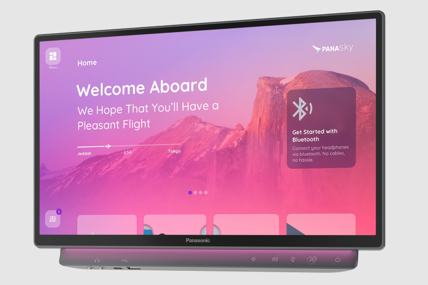 In-flight screen with Jeddah-Tokyo route and Bluetooth instructions
