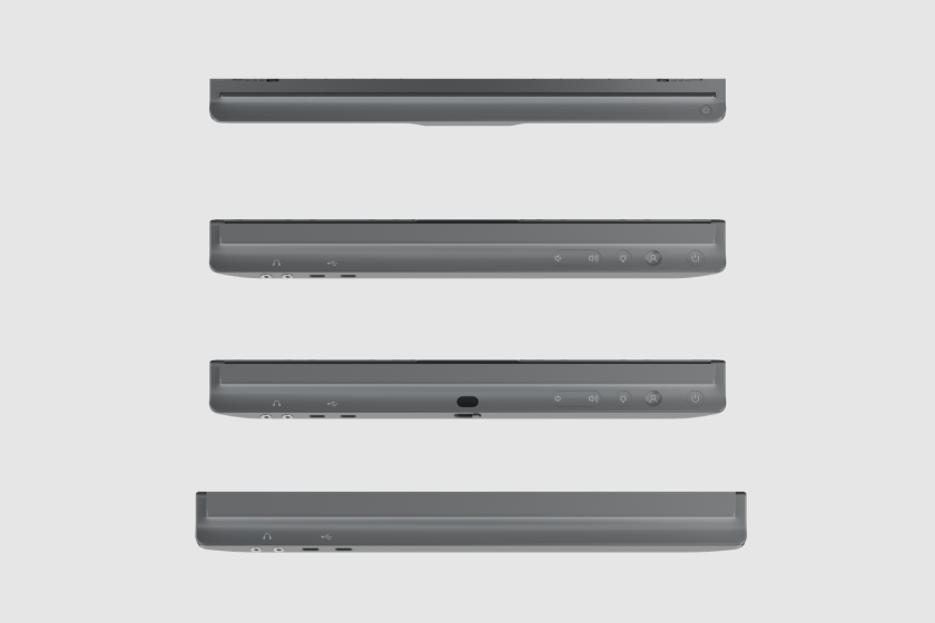 Closed laptop viewed from four different angles showing various ports and buttons on its edges.